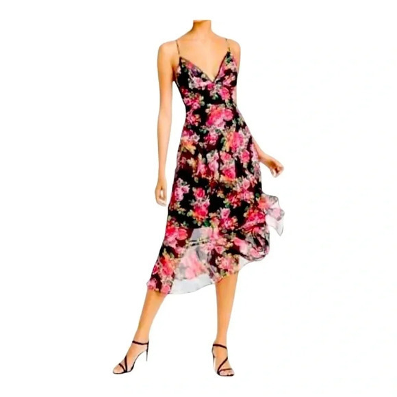 Aqua Dresses & Skirts - AQUA PINK FLORAL RUFFLED V‎ NECK AND BACK MIDI DRESS SIZE MEDIUM NWT